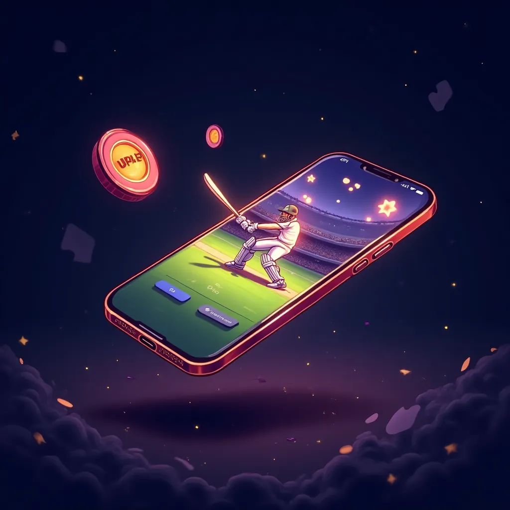Cartoon mobile app showcase with neon casino elements