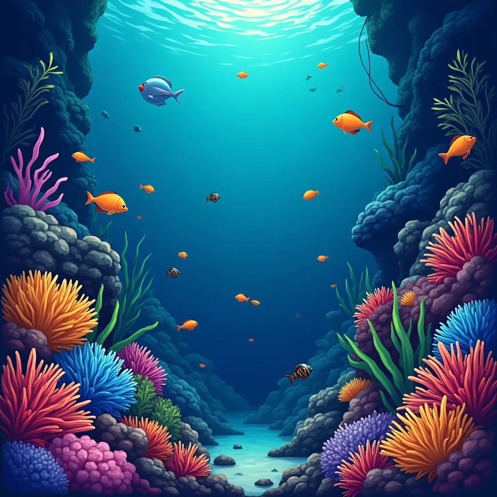 Cartoon underwater fishing arcade scene with neon fish